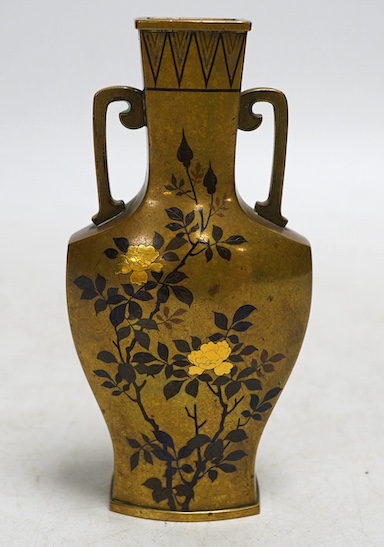 A Japanese inlaid twin handled miniature vase, Nogawa workshop, Meiji period, 10.5cm. Condition - fair to good, some light scratches